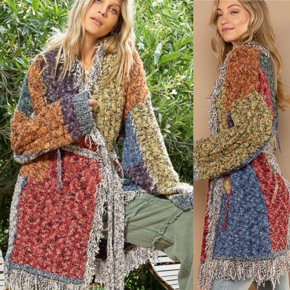 POL Women's Cream Tweed Wrap Cardigan Duster Bohemian Long Sleeve Fringe NWOT